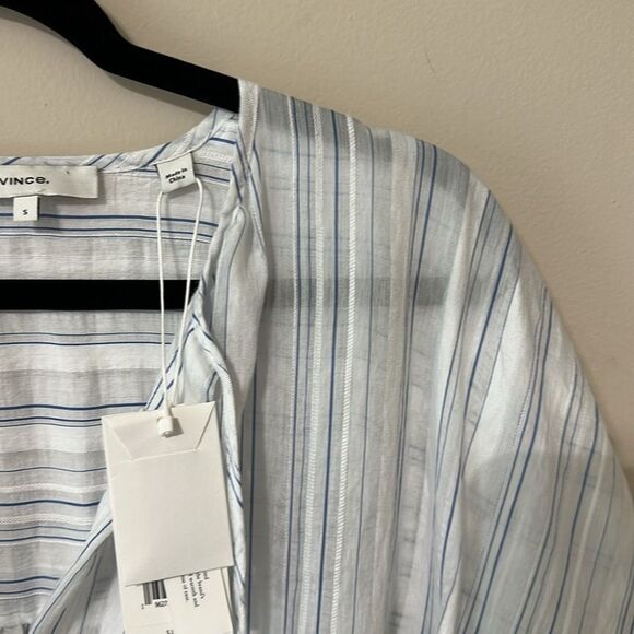 NWT Vince Womens Dress White Blue Drapey Stripe Shirred Short Sleeve Midi $375 - Picture 10 of 11
